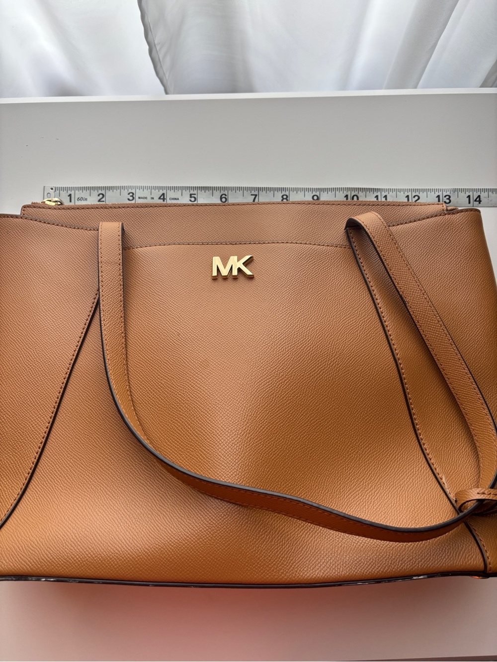 Michael Kors Cognac Saffiano Leather Tote with Logo Zip Pouch and Fur Pom - Picture 15 of 15